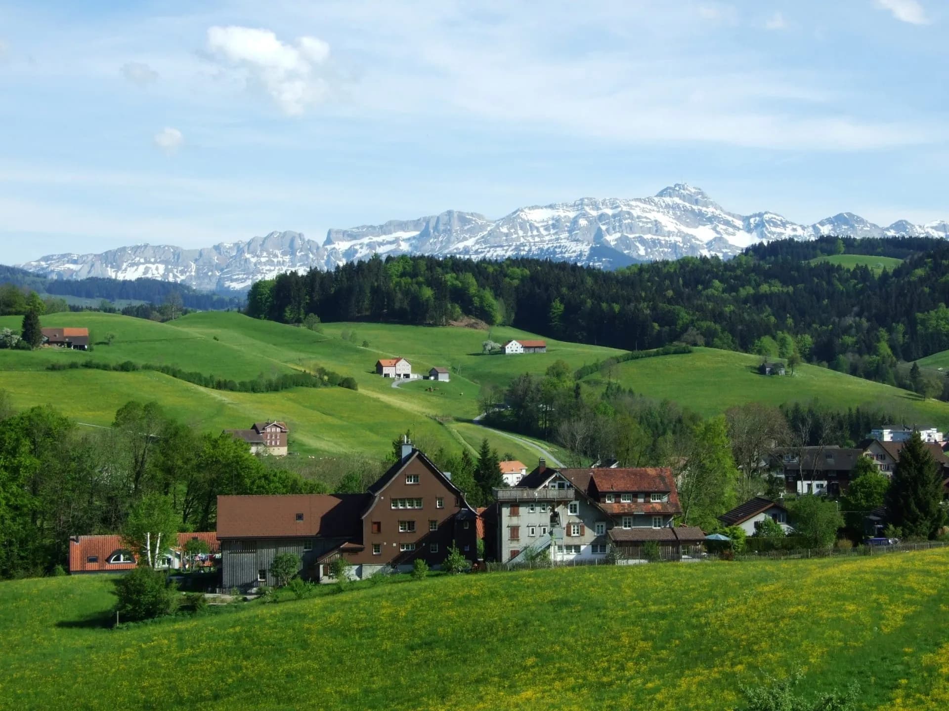 Herisau pastures and villages with snow-capped mountains in the background under a blue sky.