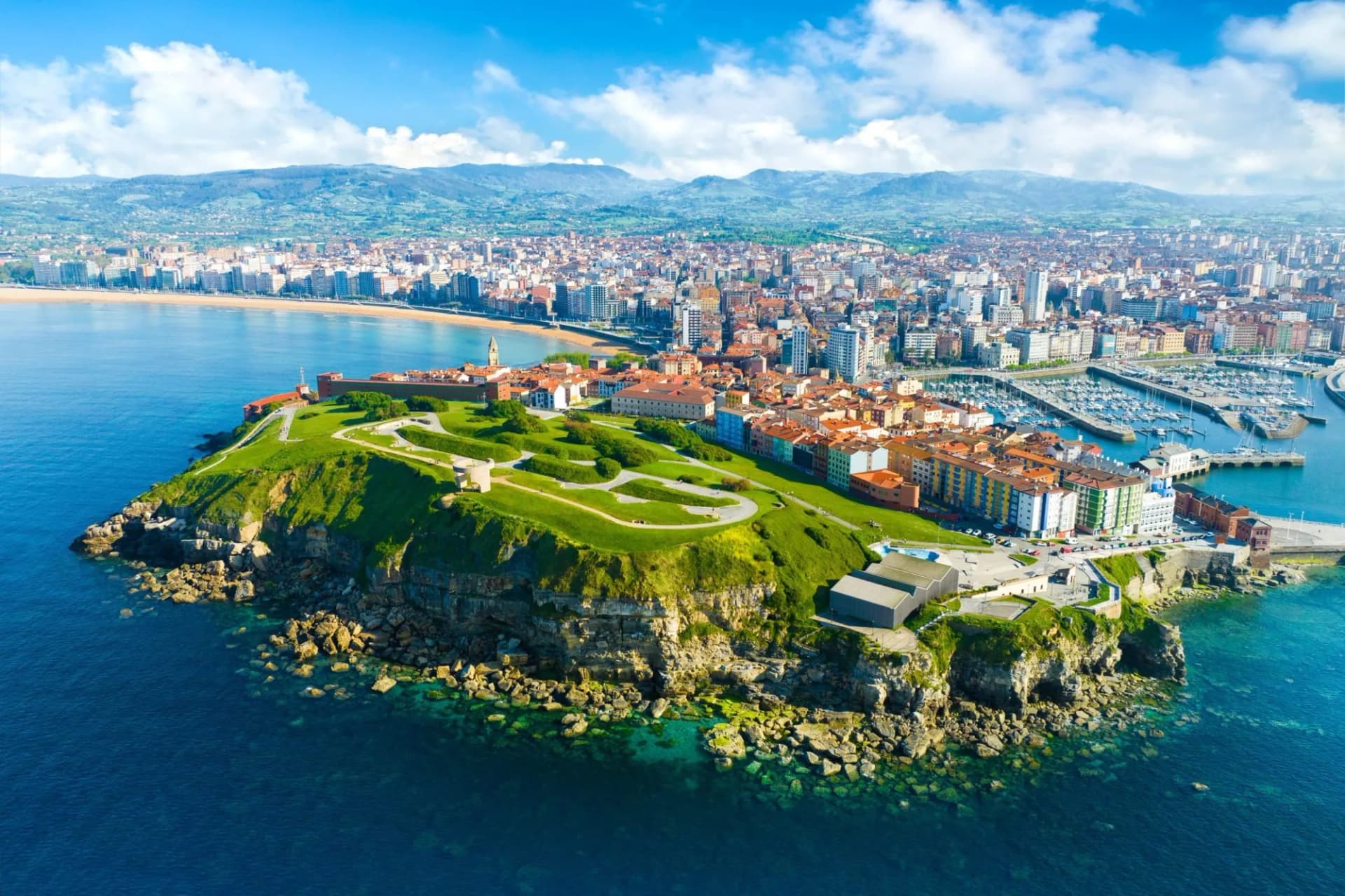 Aerial view of the city of Gijon in Asturias, Spain