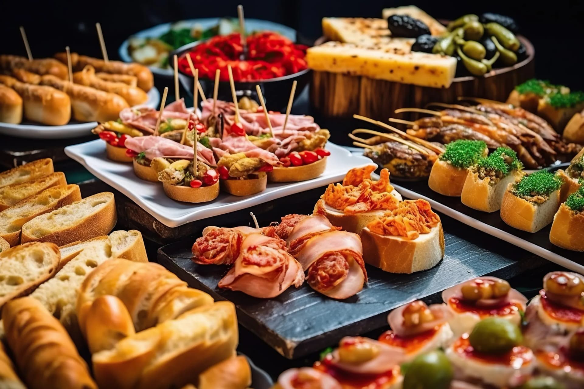 Pinchos and tapas typical of the Basque Country, Spain. Selection of different types of foods to choose from. San Sebastian