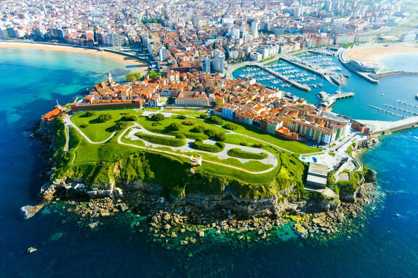 Aerial view of the city of Gijon in Asturias, Spain