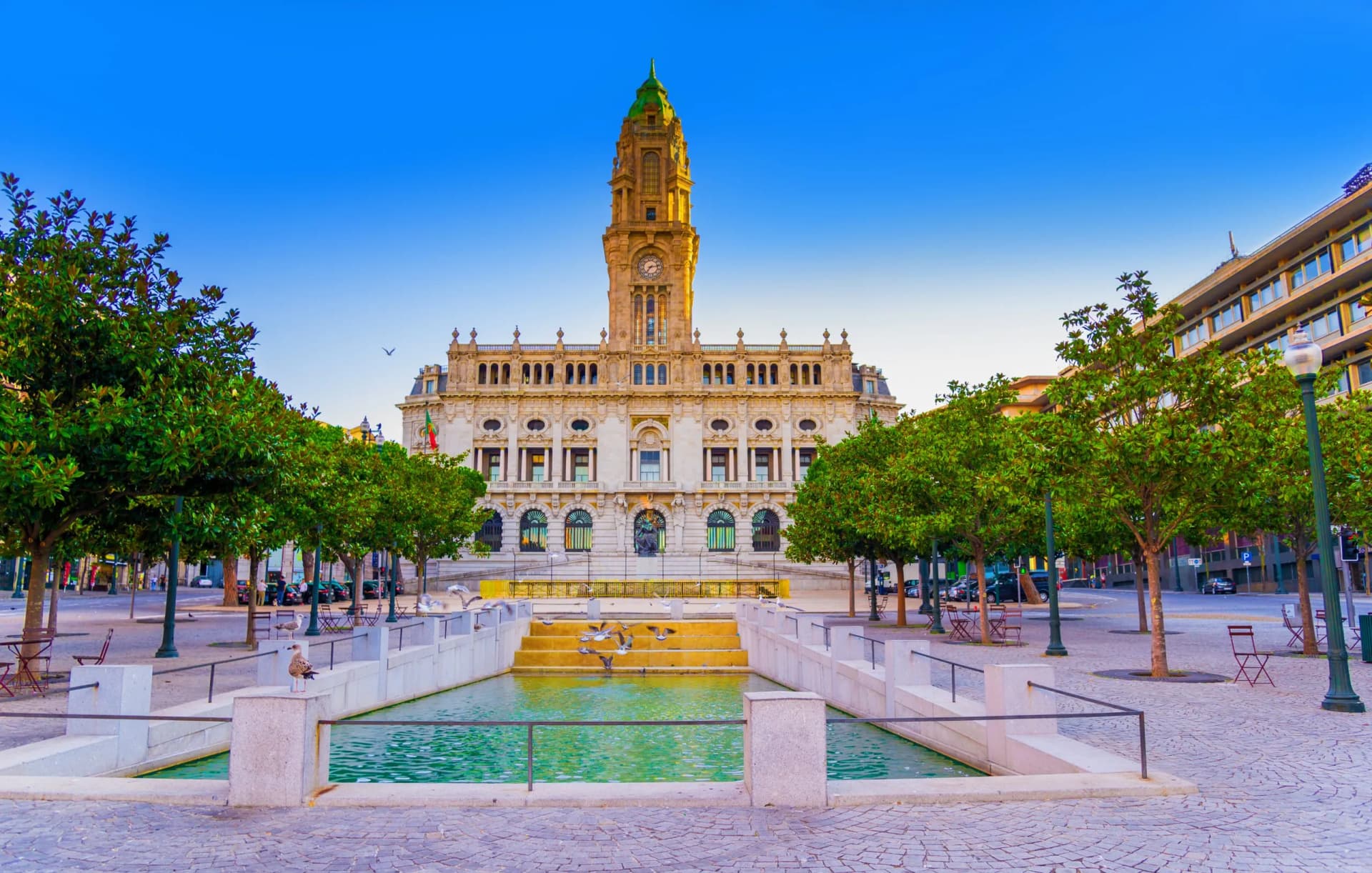 Artistic landmark architecture of Camara Municipal in Porto city near Liberty square, Portugal