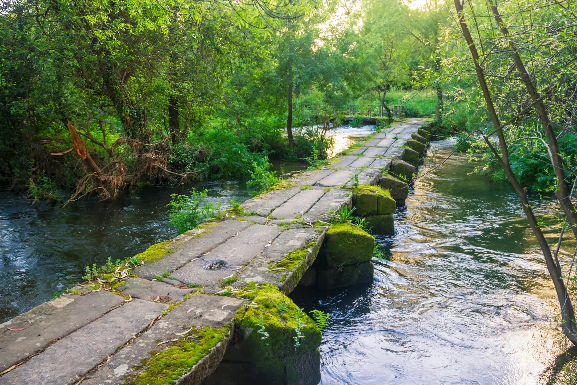 Stone footbridge crossing Umia river