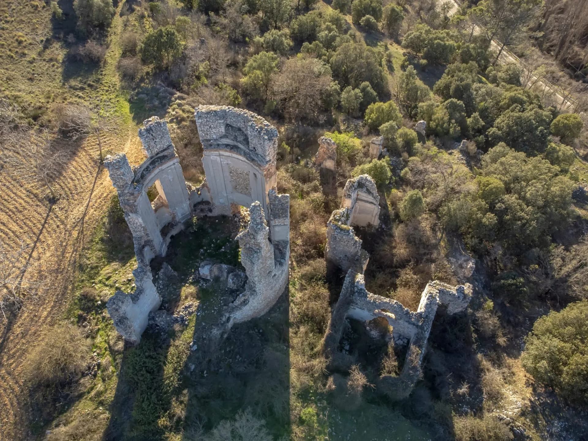 Aerial view of stone ruins with crenellated tower remains surrounded by dry grass and dense trees.
