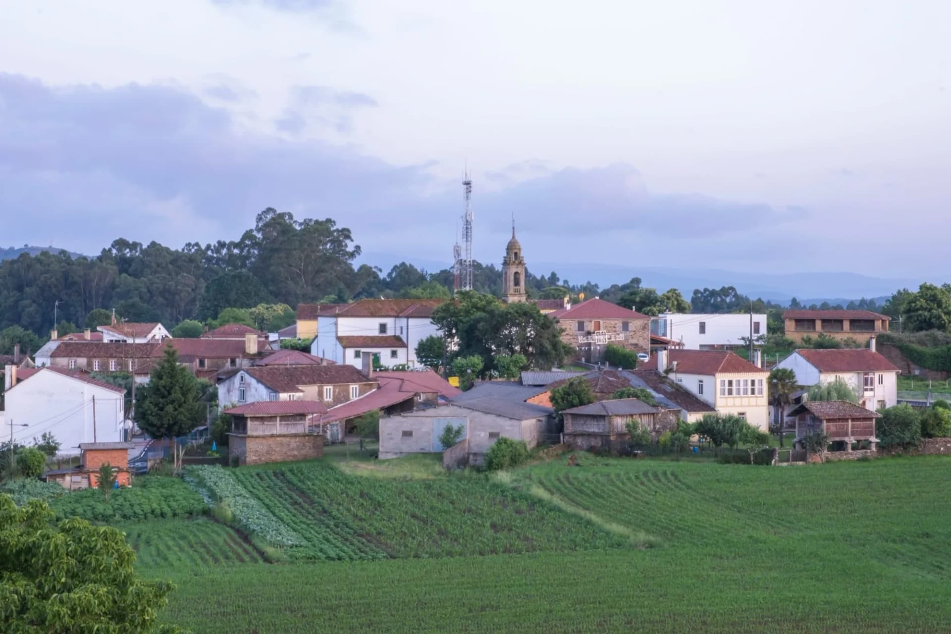 Galician village houses with red roofs above green cultivated fields and distant hills.