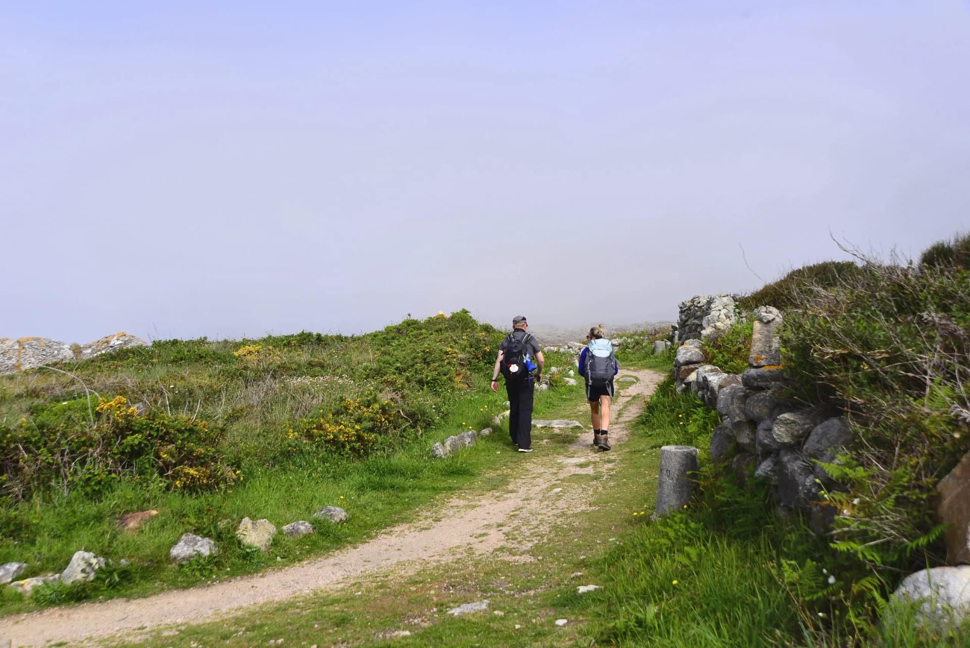 Two pilgrims hiking on a dirt path in Galicia under foggy skies with green brush.