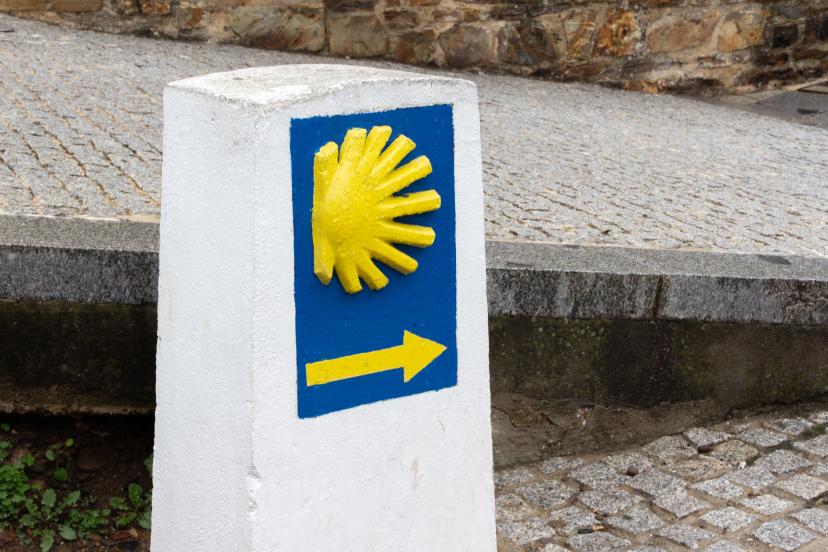 St. James' Way directional sign with yellow shell and arrow on blue rectangle.