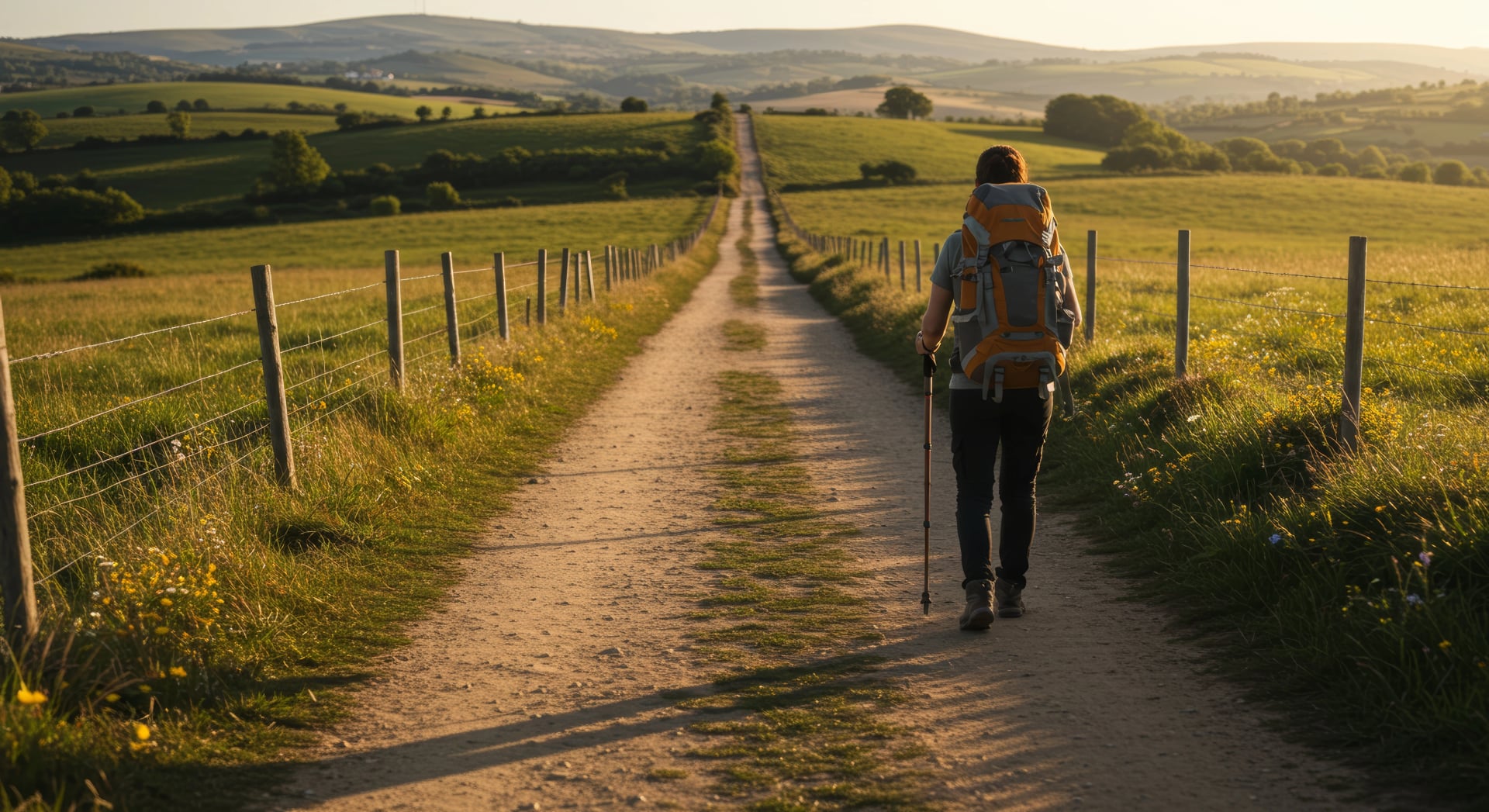 Um caminhante solitário atravessa um longo caminho por colinas verdes onduladas ao pôr do sol, experimentando a pacífica solidão do Camino de Santiago