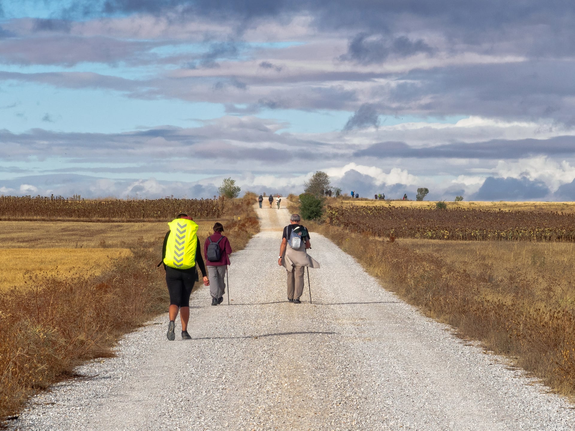 Pilgrims walk on the old Roman road known as the Via Aquitana - Calzada Romana, Castile and Leon, Spain