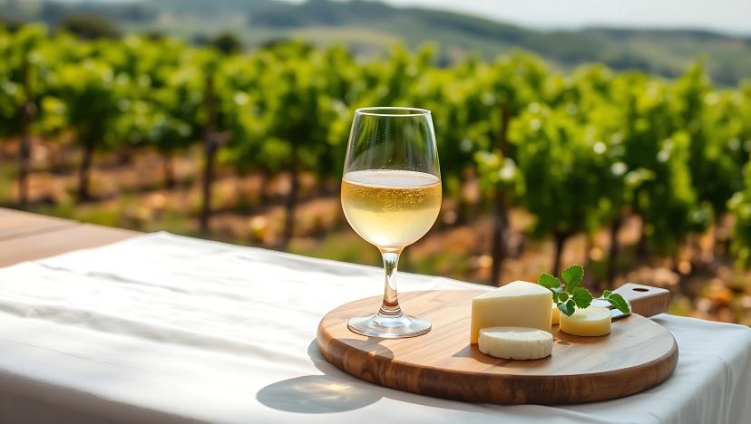 Glass of Vinho Verde sitting on a white linen cloth with a cheese board beside it, background softly blurred vineyard, natural sunlight