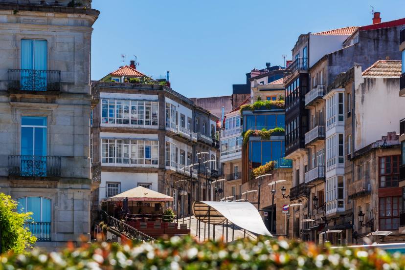 Vigo, Pontevedra, 5.30.2024; Buildings in the old quarter of Vigo, located near the port.