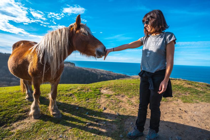 San Sebastian, Gipuzkoa / Spain »; February 2, 2020: A young girl playing with a free horse from the mountain of Jaizkibel