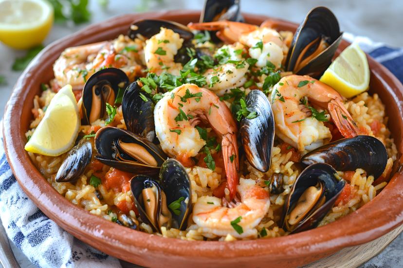 Traditional Portuguese Arroz de Marisco: Vibrant seafood rice with mussels, clams, prawns, and saffron in a clay dish.