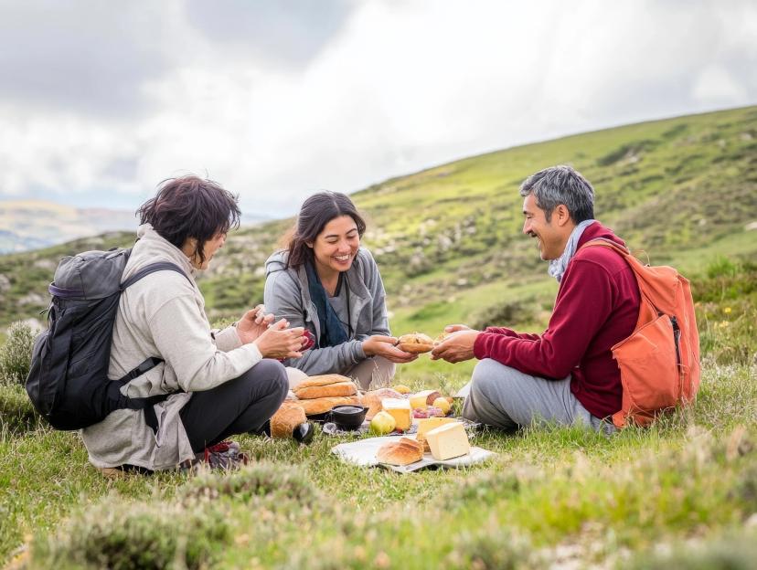 Diverse Group Sharing Picnic on Grassy Hill During Camino de Santiago Rest Stop