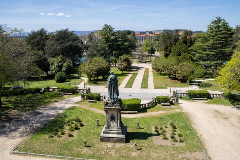 Monument to Manuel Ventura Figueroa at Parque da Alameda balustrade, Santiago de Compostela, Galicia, Spain. Historic city park landmark with classic architecture.
