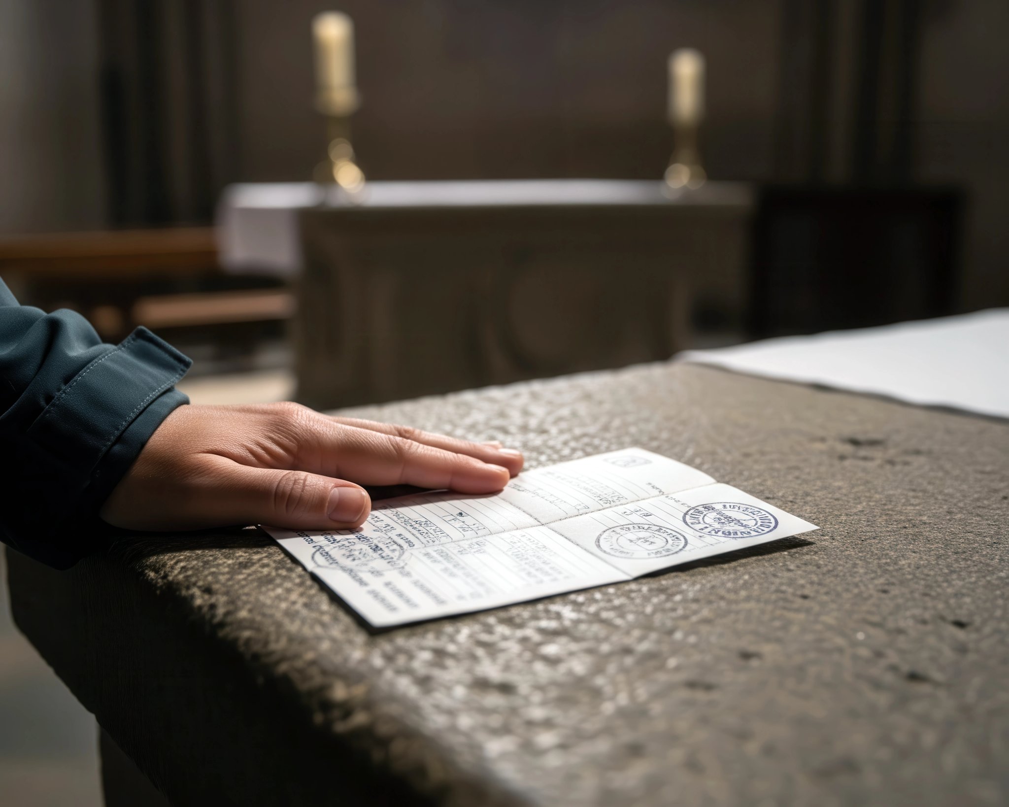 Pilgrim hand holding a stamped Camino de Santiago credential on a church altar, symbolizing progress, faith, and achievement on pilgrimage.
