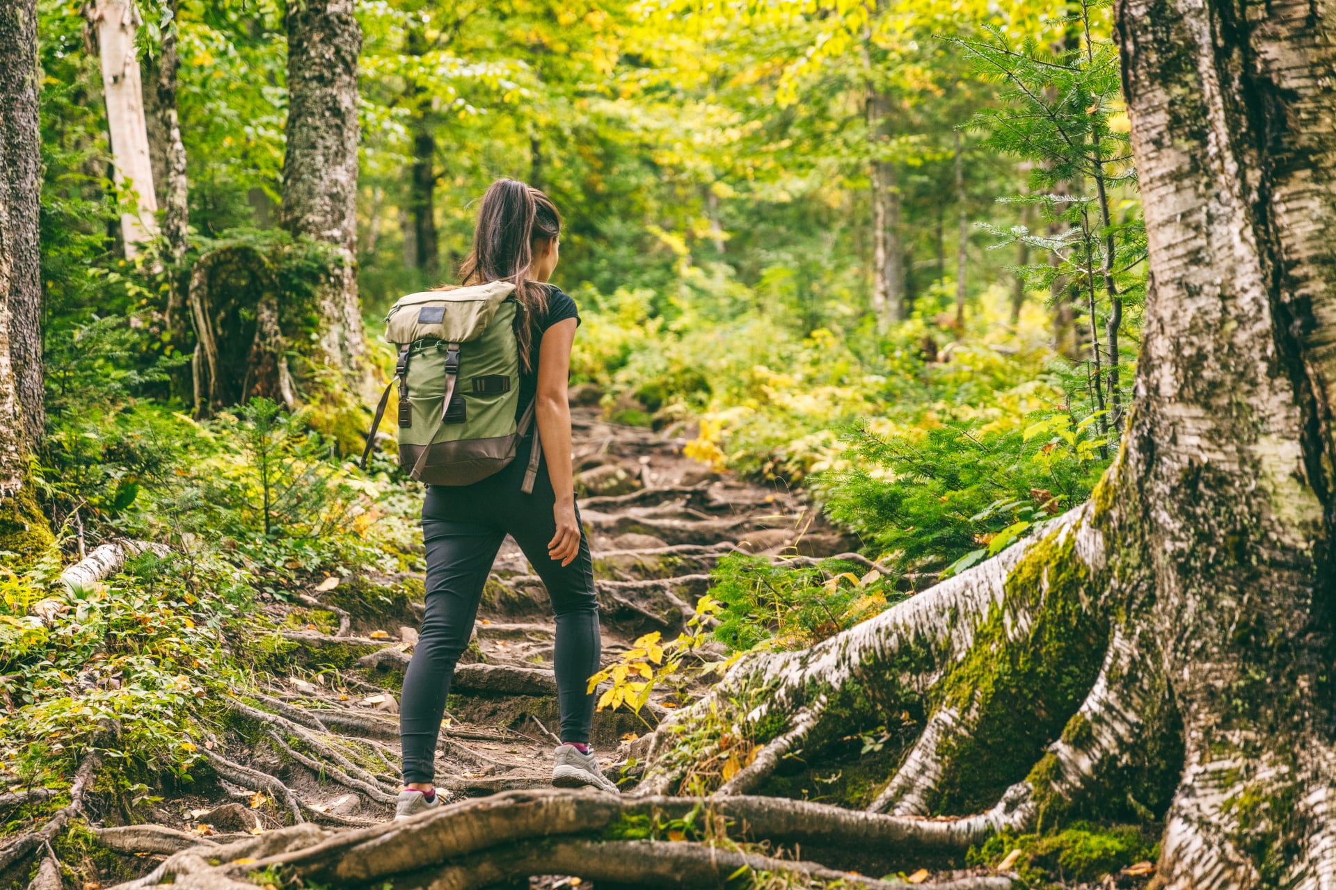 Wanderin auf einem Waldweg, die im Herbst in einer herbstlichen Naturkulisse geht. Aktive Menschen, die einen Rucksack tragen und draußen trainieren.