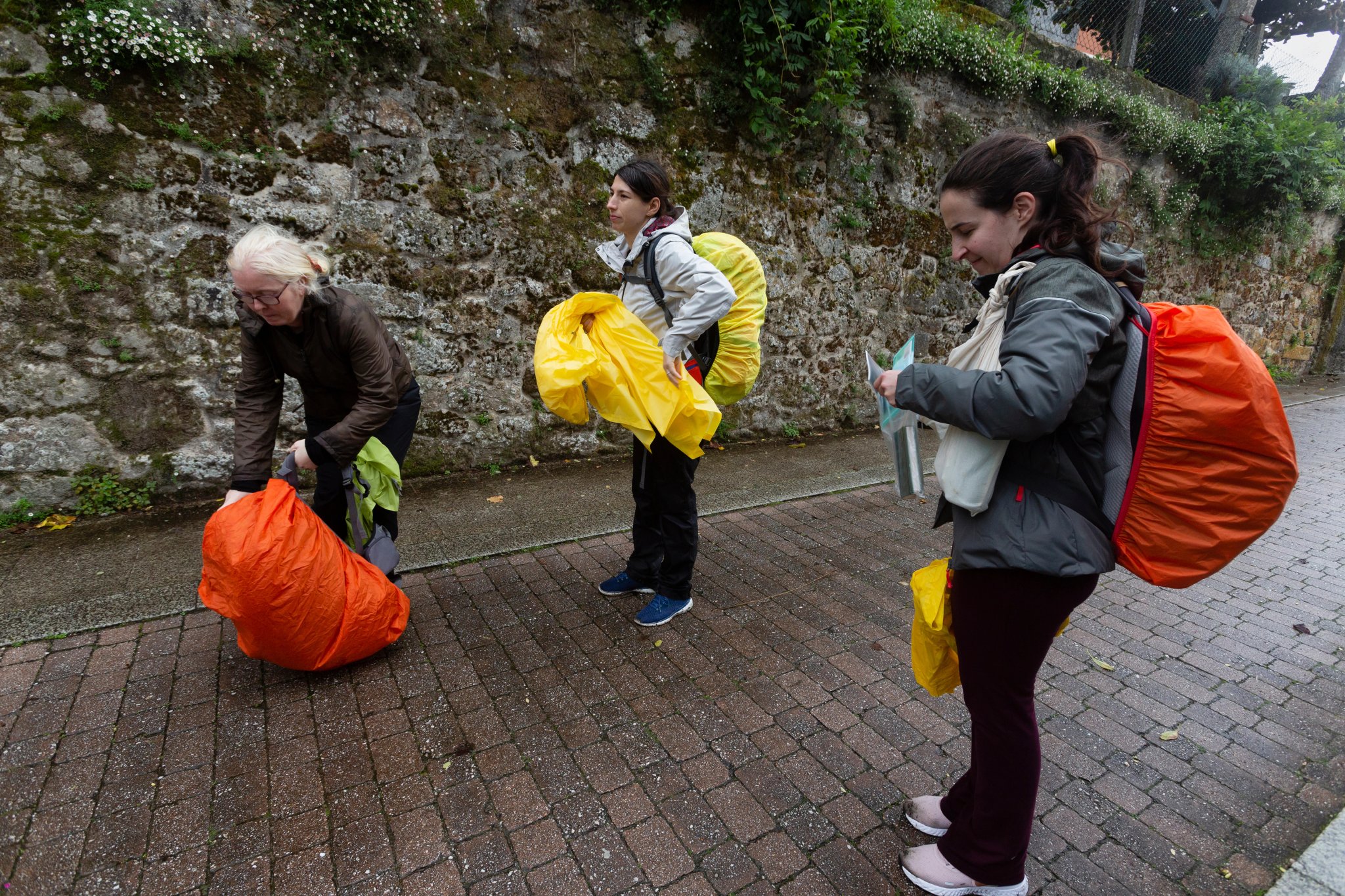 Traja pútnici ukazujú svoje pútnické doklady. Camino de Santiago portugalské