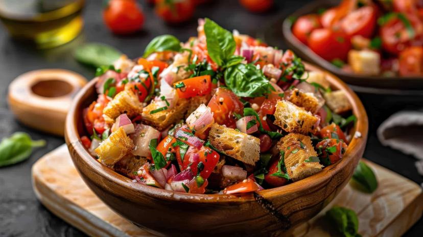 A classic panzanella salad beautifully presented in a rustic wooden bowl, incorporating fresh ingredients like diced tomatoes, onions, and croutons, enhanced with delicious herbs and flavors.