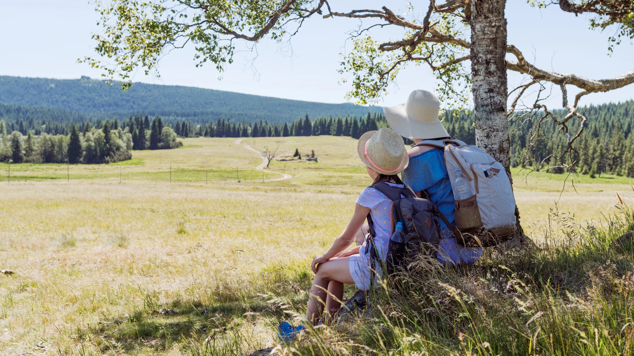 Äiti ja tytär vaeltajat lepäävät puun varjossa reppujen kanssa, katsellen aurinkoista vuoristoniittyä ja kiemuraista polkua, perhematkailua, luontoyhteyttä ja panoraamanäkymää