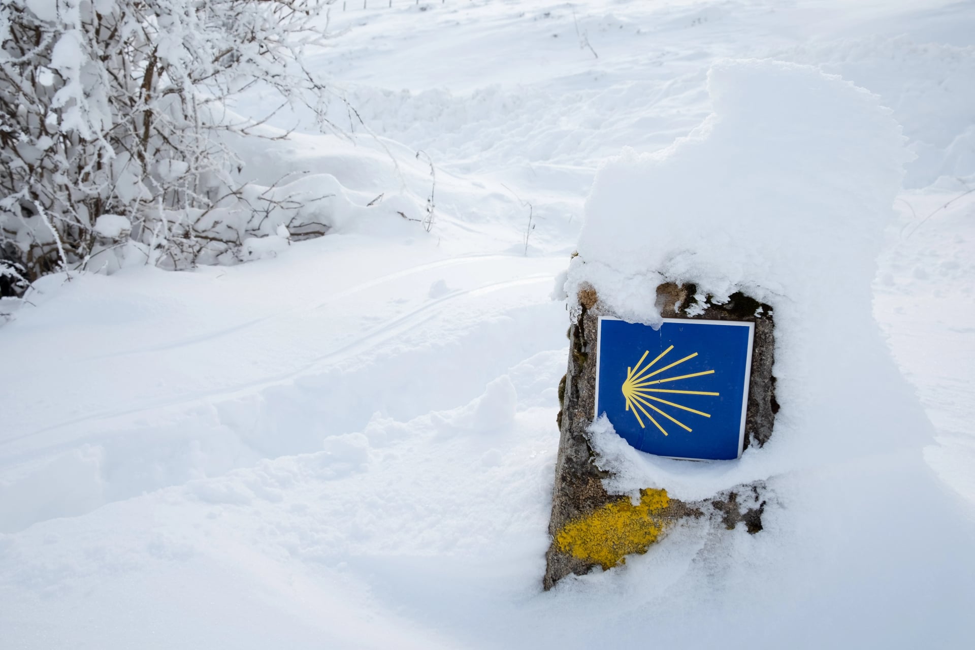 Mojón del Camino de Santiago Francés enseveli sous la neige dans le haut navarro d'Ibañeta