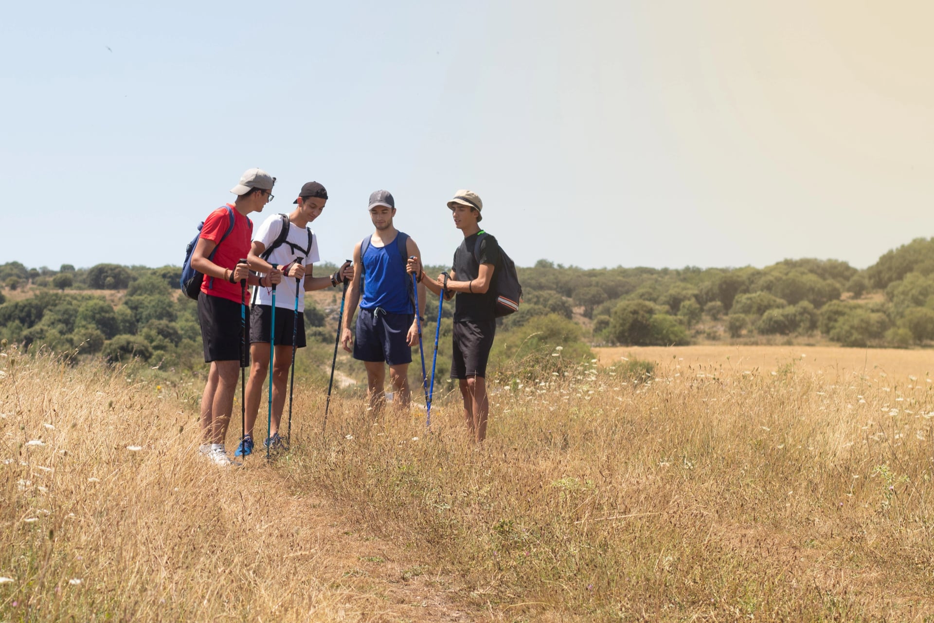 Jeunes gens parlant pendant une marche avec des bâtons de randonnée à travers la campagne et le Camino de Santiago