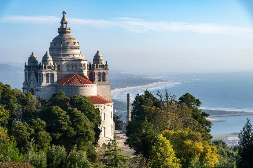 Viana do Castelo, Portugal-October 7, 2023; Sanctuary of the Sacred Heart of Jesus or Sanctuary of Santa Luzia located at the top of Mount Santa Luzia with area beaches in background