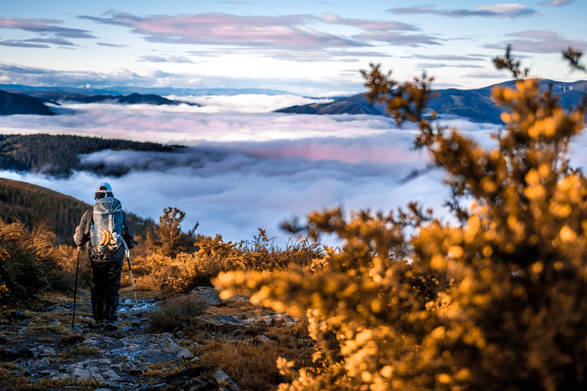 Pèlerin parcourant le chemin primitif de Santiago sur une mer de nuages et avec la coquille en premier plan