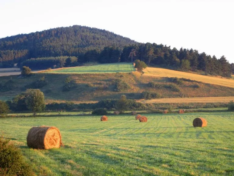 Agricultural fields along the GR 65, Via Podiensis, also know as Le Puy Route, in southern France. French part of the Camino de Santiago.