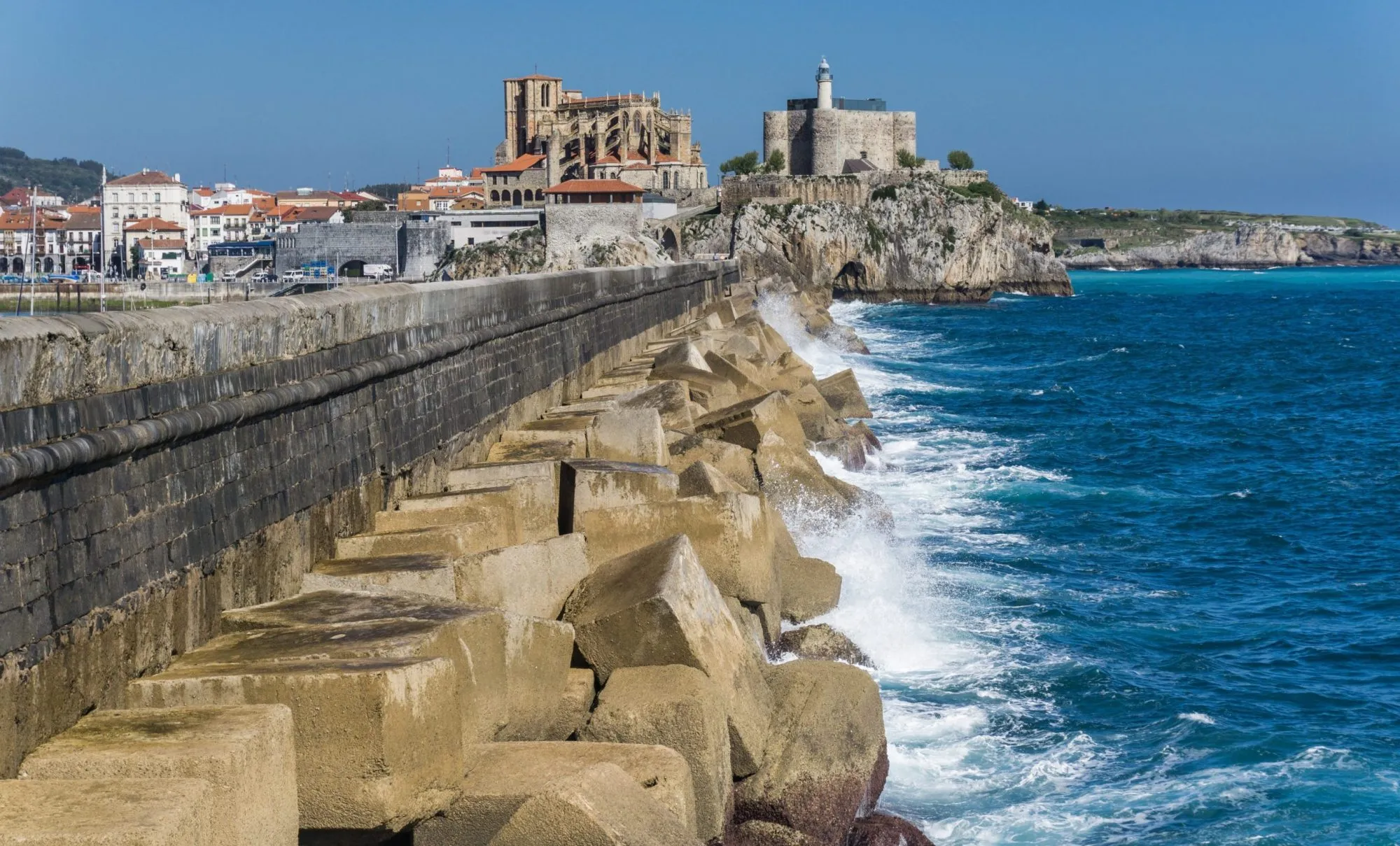 Breakwater Castro Urdiales and cathedral