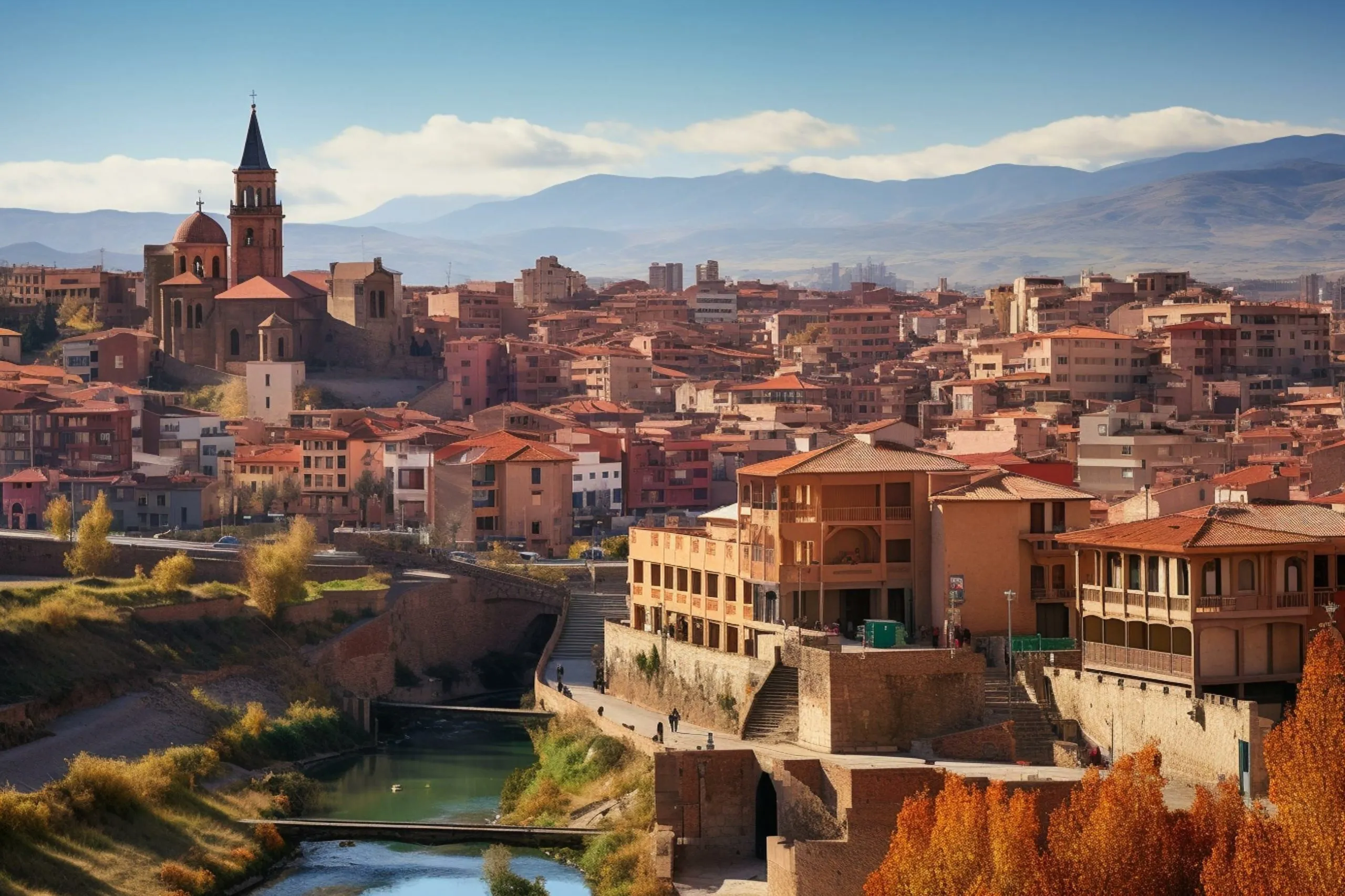 Cityscape of Logroño in La Rioja region, Spain surrounded by picturesque landscape. Generative AI