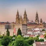 Hazy sunset on monumental Santiago de Compostela cathedral.