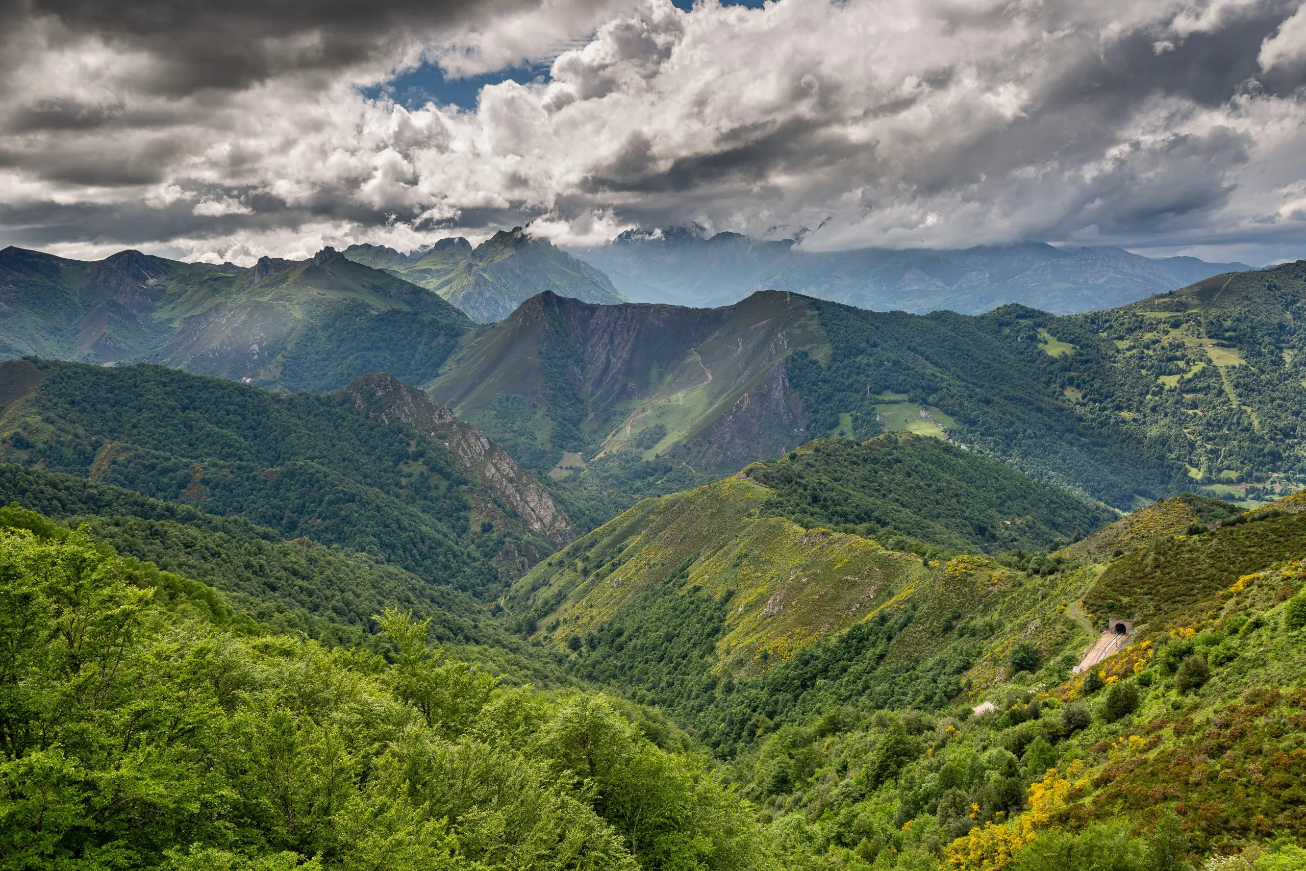 Valleys and mountains in the Cantabrian Mountains from the top of Puerto Pajares. Leon and Asturias.