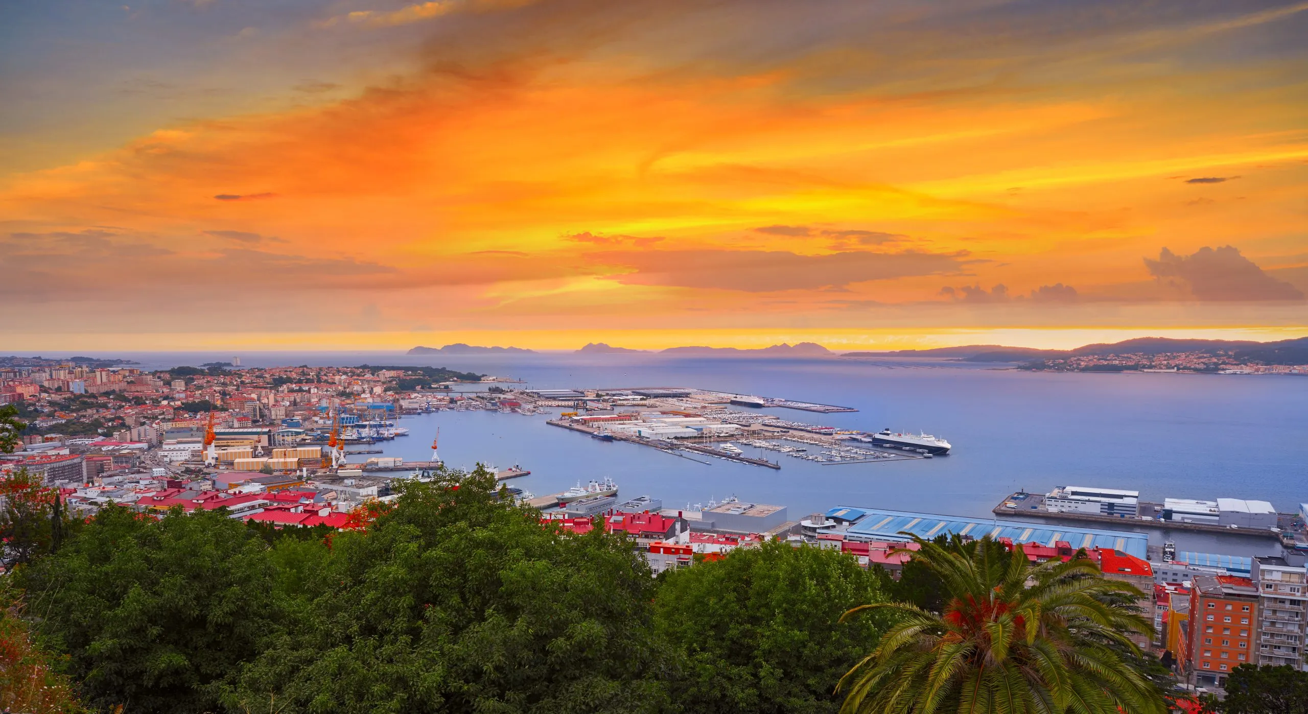 Vigo skyline and port sunset in Galicia Spain